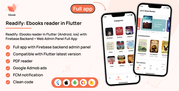 Readify: Ebooks reader in Flutter (Android, ios) with Firebase Backend + Web Admin Panel Full App