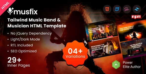 Musfix – Tailwind Music Band Musician HTML Template