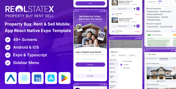 RealEstateX - Expo Property Buy, Rent  Sell Classified React Native Mobile App Template